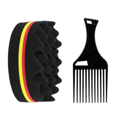 Brosse démêlante avec liseré jaune et rouge et peigne à dents larges en plastique, conçus pour l'entretien des cheveux afro, idéals pour une routine capillaire douce et efficace