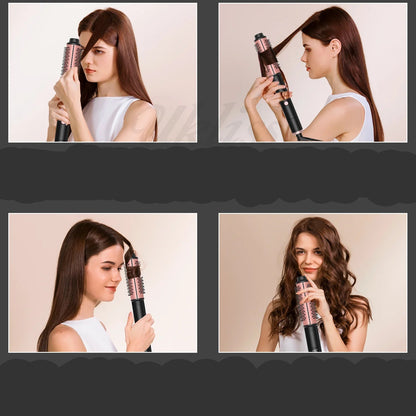 Femme se coiffe avec brosse_lissante_chauffante, brosse circulaire chauffante circulaire , pour avoir des cheveux lisses et généreux , pour une coiffure rapide et professionnelle . 
