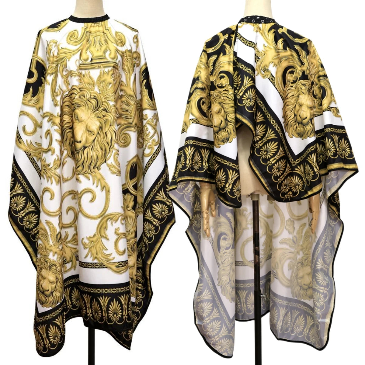 Cape de coiffure au design vintage baroque avec motif de lion allie élégance et fonctionnalité. Conçue pour les professionnels, elle est à la fois antistatique et imperméable, offrant une protection optimale pendant les coupes ou traitements capillaires. Sa matière de haute qualité assure un confort optimal et une grande résistance à l'usure. Pratique et facile à entretenir, elle garantit une expérience pour le coiffeur comme agréable pour le client. Un accessoire indispensable. 