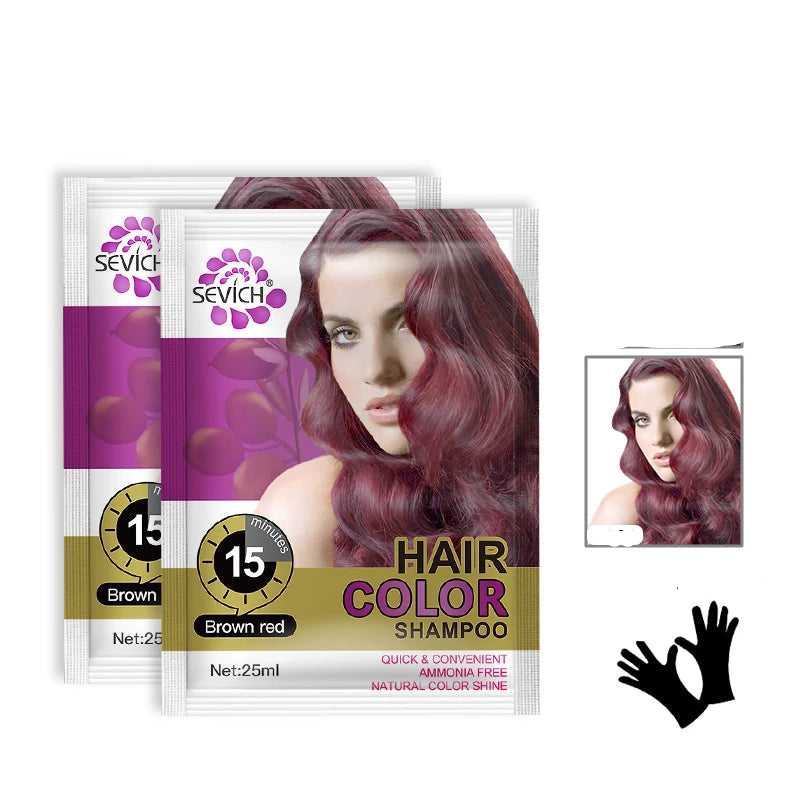 Coloration cheveux shampooing Sevich marron rouge 15 minutes, avant et après résultat brillant
