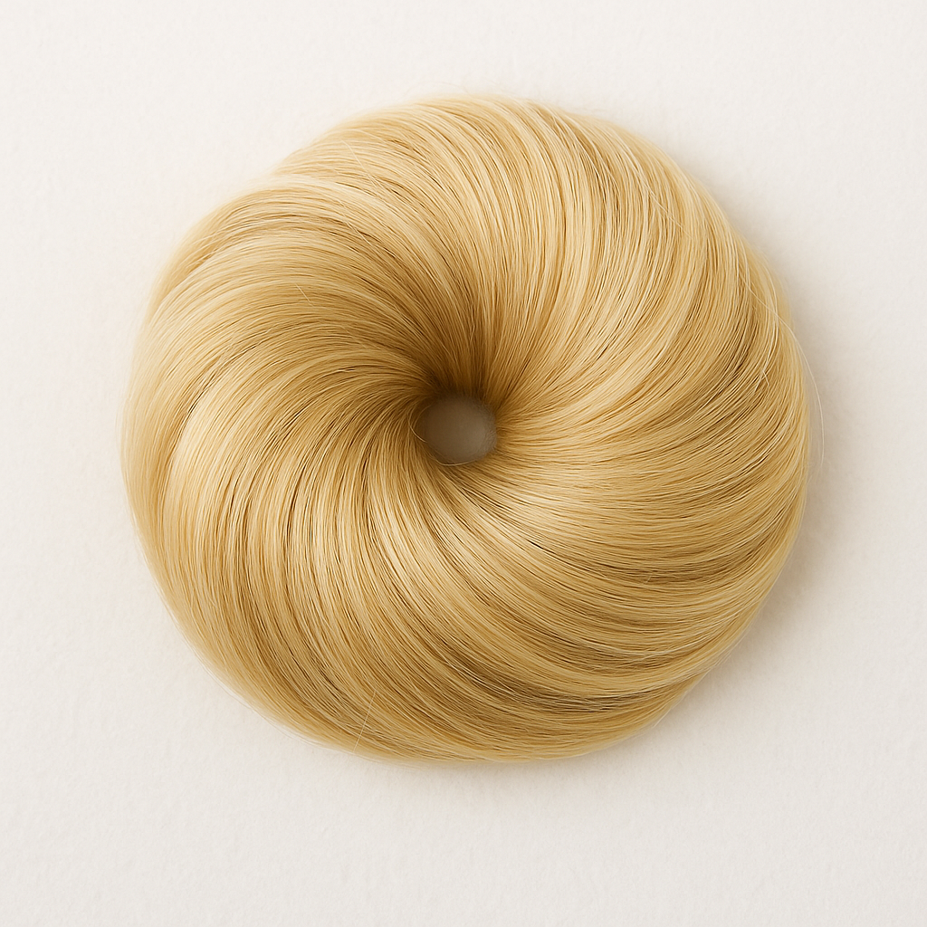 Chignon postiche en cheveux synthétiques blond naturel, en forme de donut, prêt à fixer pour un volume élégant et rapide.