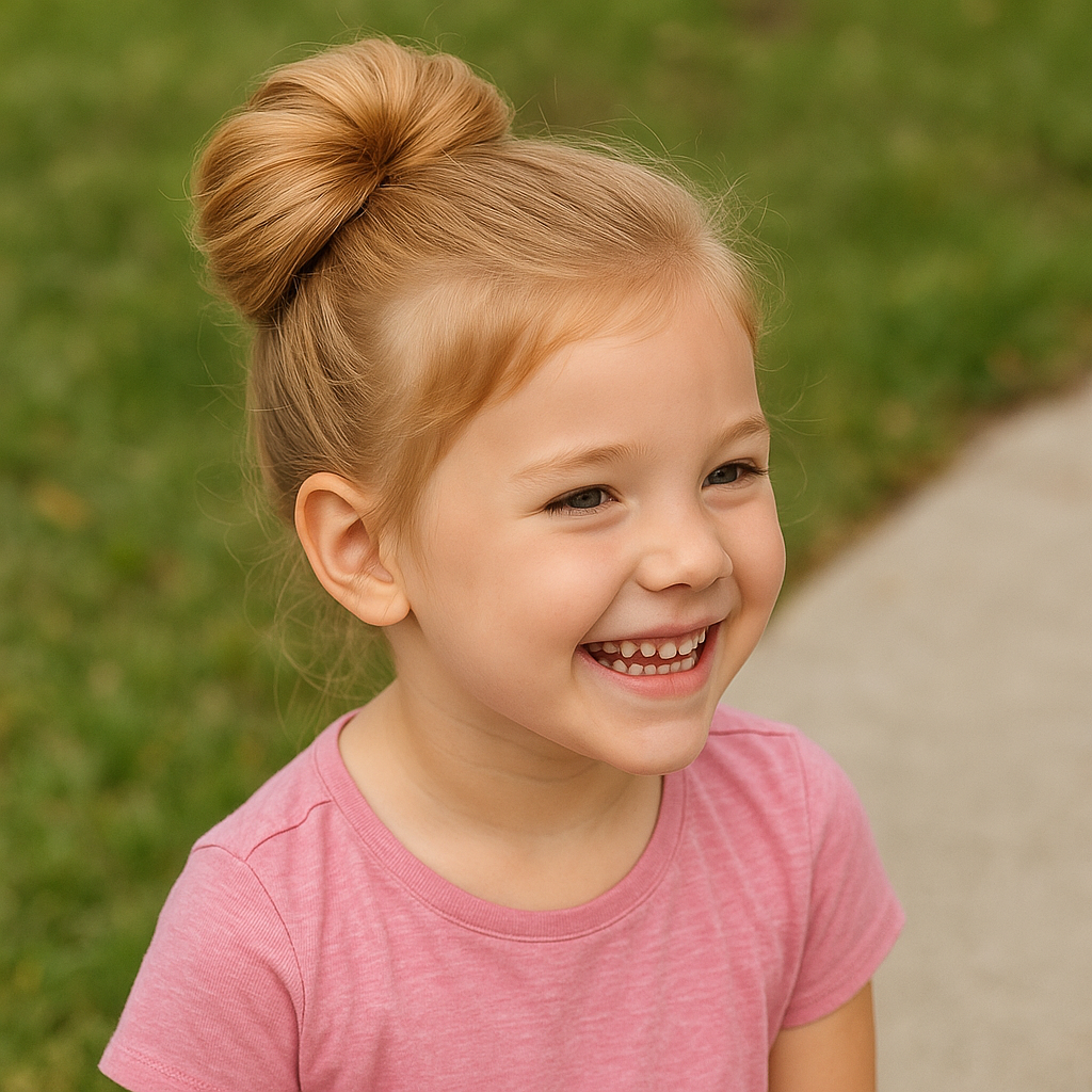  Fillette blonde souriante avec un chignon postiche volumineux, coiffure élégante et pratique pour cheveux longs.