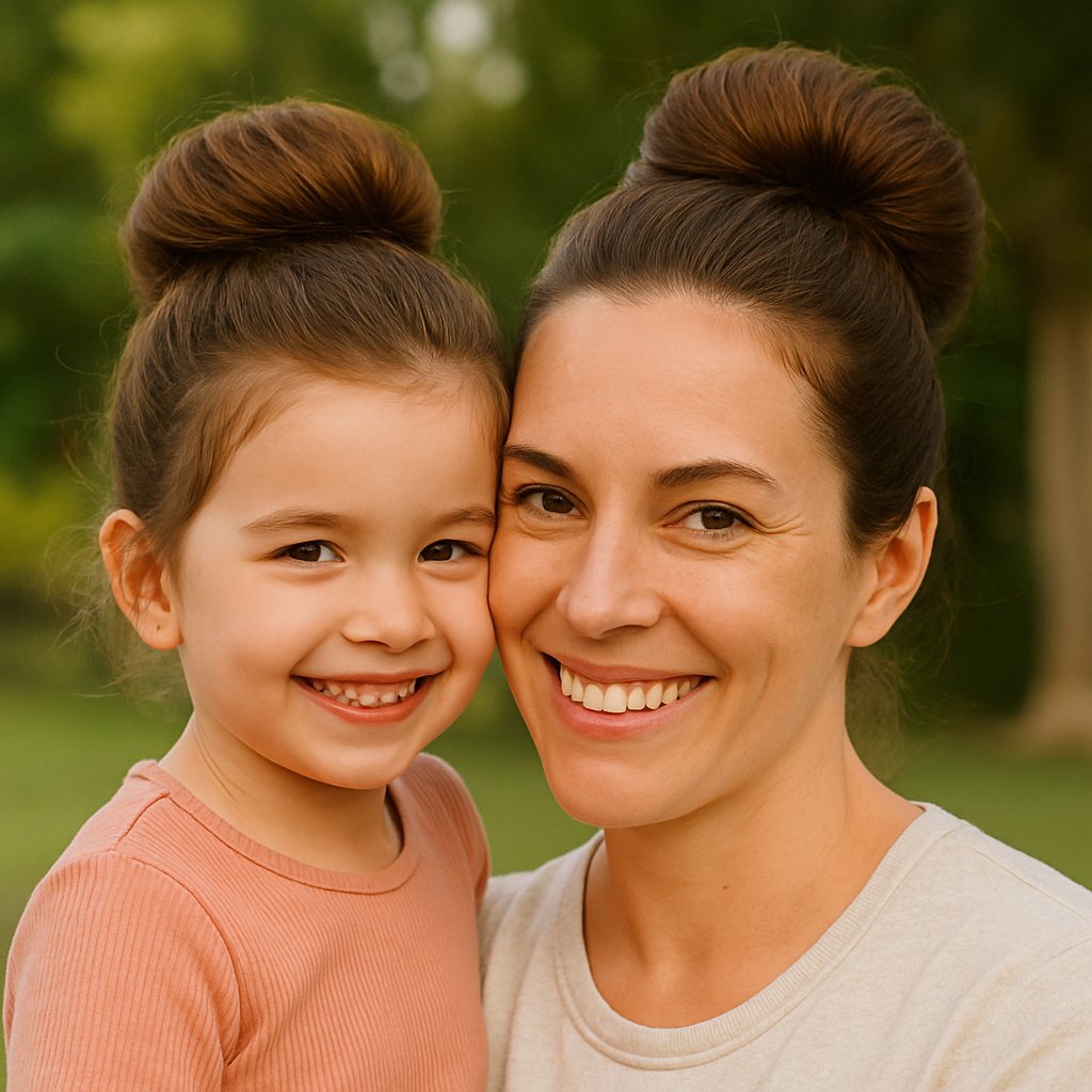 Maman et fille souriantes portant un chignon postiche brun assorti, coiffure simple et élégante pour tous les jours.