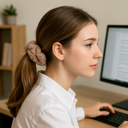 Femme portant un chouchou marron clair en fausse fourrure dans une queue-de-cheval, look professionnel au bureau.