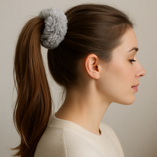 Femme portant un chouchou gris clair en fausse fourrure dans une queue-de-cheval, look sage.