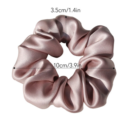 Chouchous pour cheveux en soie avec finition satinée, élégants et doux, présentation des dimensions pour s’adapter à tous types de coiffures