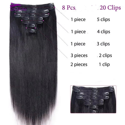 Extension de cheveux humains à clip brune – Ajoutez du volume et de la longueur à vos cheveux avec des extensions naturelles de haute qualité avec  20 clips.   Faciles à poser, ces extensions de cheveux bruns s'adaptent parfaitement à votre coiffure pour un résultat instantané et élégant. Idéales pour un look naturel et sans effort, elles offrent un confort optimal et une tenue longue durée.