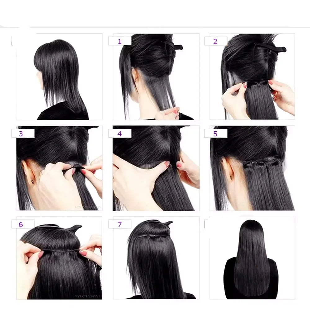 Mode d'emploi pour extension de cheveux humains à clip brune – Ajoutez du volume et de la longueur à vos cheveux avec des extensions naturelles de haute qualité. Faciles à poser, ces extensions de cheveux bruns s'adaptent parfaitement à votre coiffure pour un résultat instantané et élégant. Idéales pour un look naturel et sans effort, elles offrent un confort optimal et une tenue longue durée.