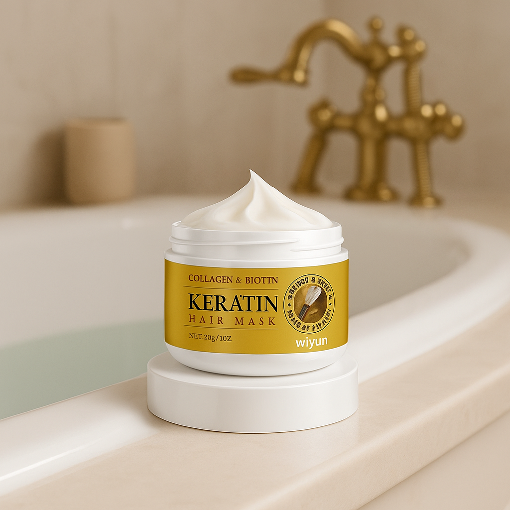 Masque cheveux à la kératine posé sur le rebord d'une baignoire avec robinetterie dorée, dans une ambiance de salle de bain raffinée.