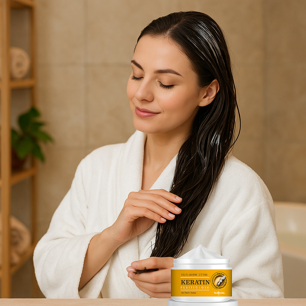 Femme en peignoir avec cheveux luisant et  crème capillaire à la kératine et biotine, présenté en premier plan