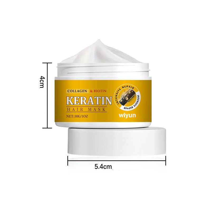 Crème réparatrice avec dimensions en cm,  pour cheveux abîmés, enrichie en kératine, biotine et collagène, idéale pour nourrir, renforcer et lisser la fibre capillaire.