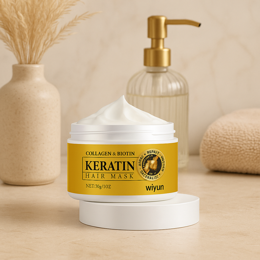 Crème réparatrice pour cheveux abîmés, enrichie en kératine, biotine et collagène, idéale pour nourrir, renforcer et lisser la fibre capillaire dans decor de spa. 