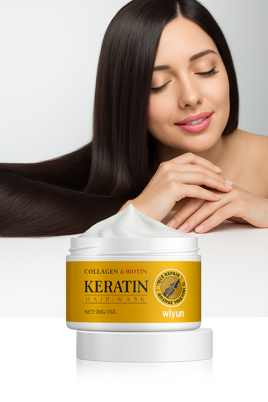 Femme avec belle chevelure longue châtain foncé sereine et souriante avec crème nourrissante cheveux en premier plan. 