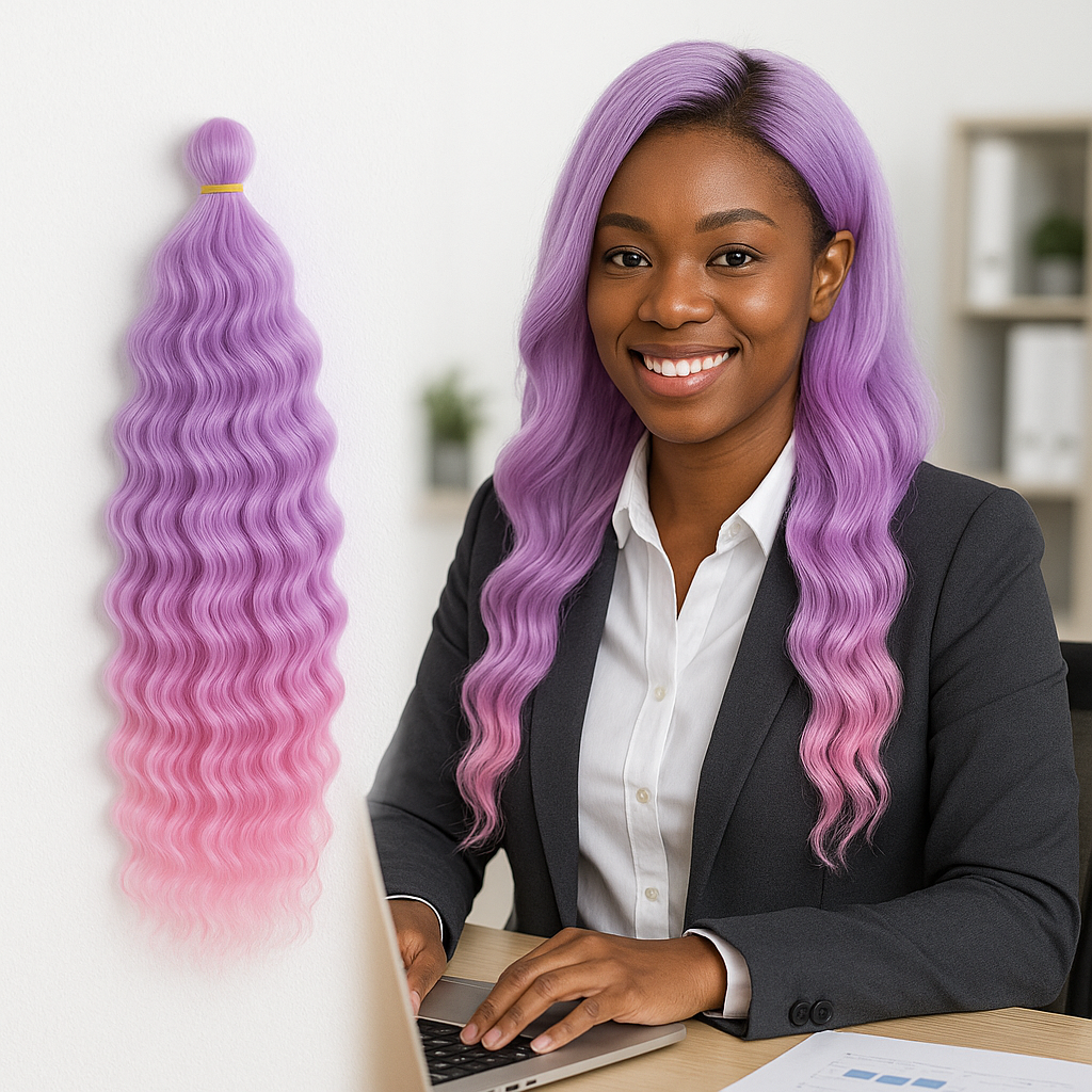 Femme noire en tailleur gris et chemise blanche assise à un bureau, portant des extensions ondulées ombrées lavande à rose. À gauche, une mèche similaire exposée sur fond blanc.

