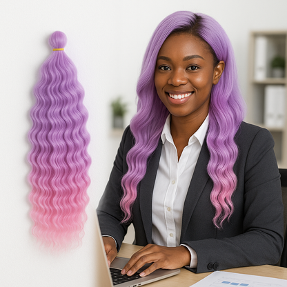 Femme noire en tailleur gris et chemise blanche assise à un bureau, portant des extensions ondulées ombrées lavande à rose. À gauche, une mèche similaire exposée sur fond blanc.

