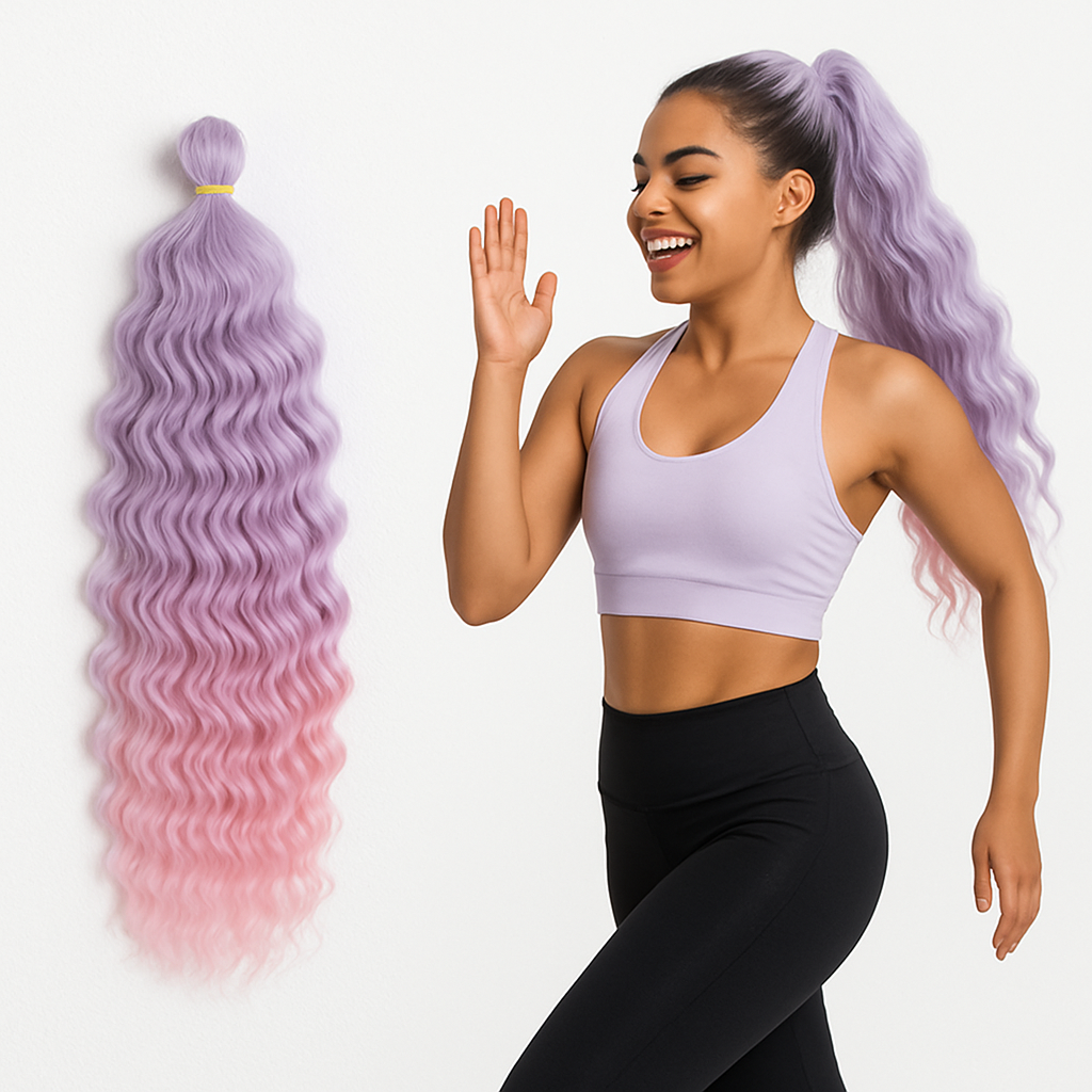 Femme métisse souriante courant en tenue de sport avec des extensions ondulées ombrées lavande à rose, placée à côté d’une mèche de cheveux identique.