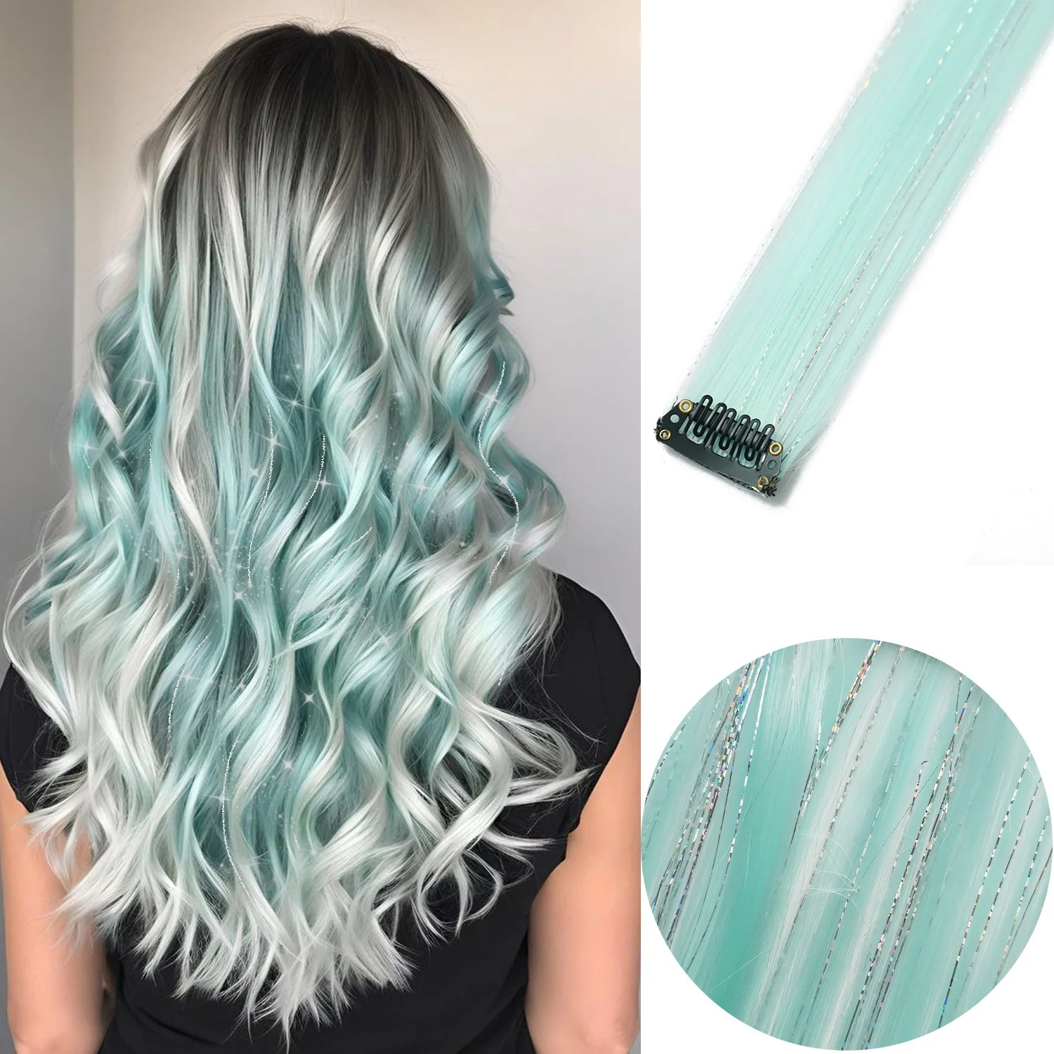 Extensions à clip bleu clair  avec paillettes, ajoutent une touche de brillance et de couleur à vos cheveux pour un look festif et glamour.