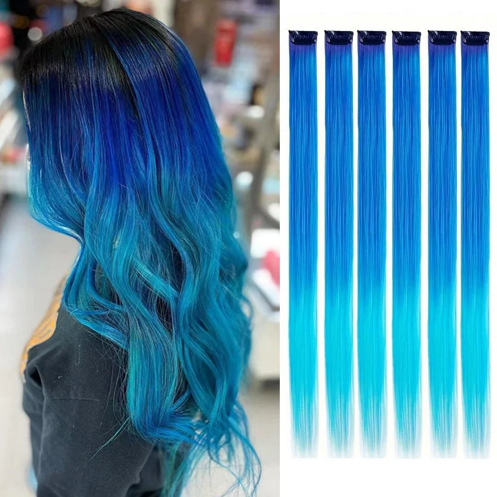 Extensions à clip dégradé de bleu avec paillettes, ajoutent une touche de brillance et de couleur à vos cheveux pour un look festif et glamour.