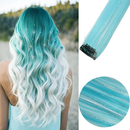 Extensions à clip bleu et blanche  avec paillettes, ajoutent une touche de brillance et de couleur à vos cheveux pour un look festif et glamour.