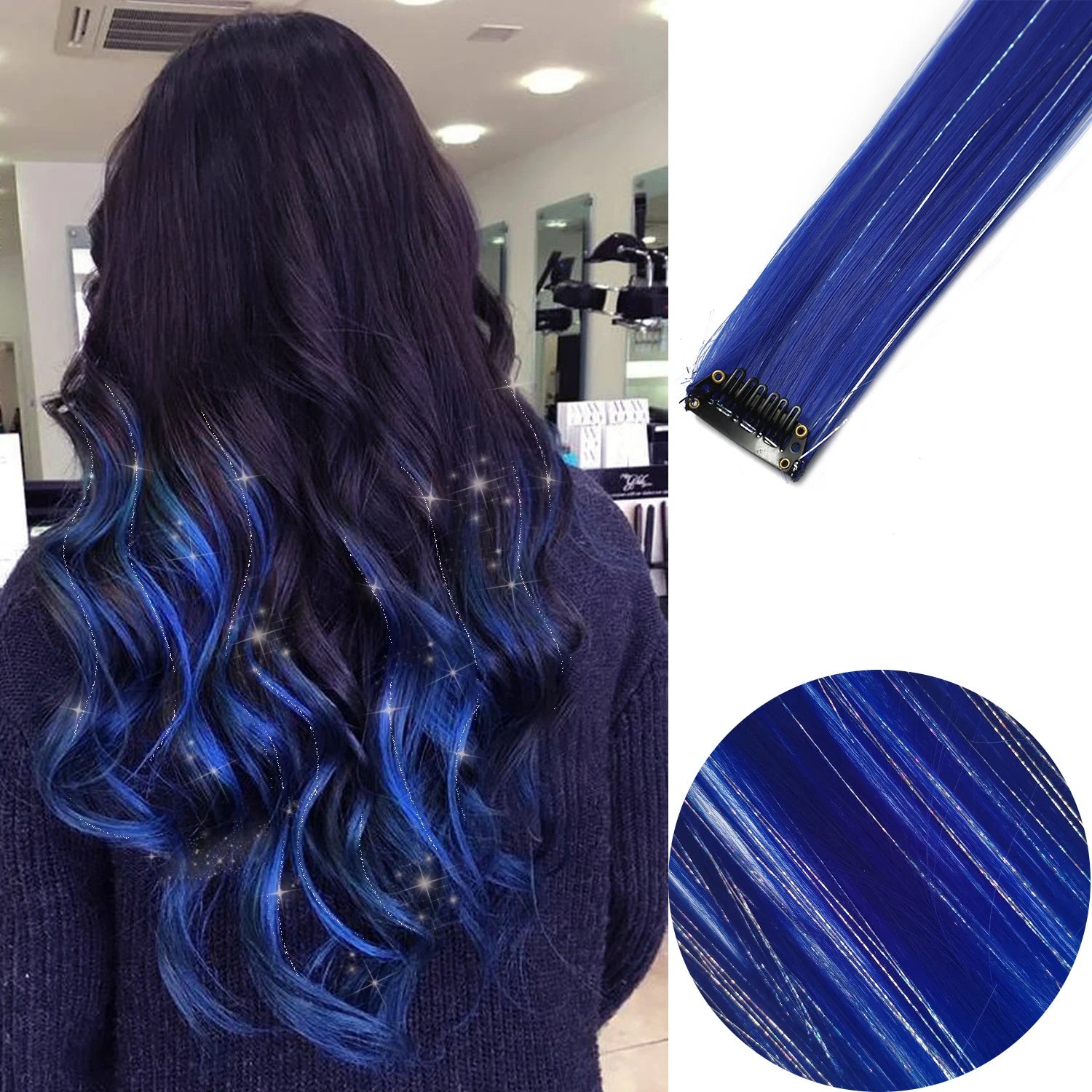 Extensions à clip bleu roi avec paillettes, ajoutent une touche de brillance et de couleur à vos cheveux pour un look festif et glamour.