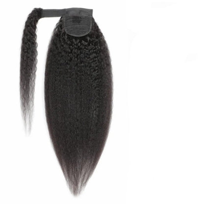Extension de cheveux humains en queue de cheval, texture crépue et afro, couleur brune et noire. Idéale pour ajouter du volume, de la longueur et un style naturel à vos cheveux. Facile à poser grâce à son clip-on pratique, cette extension se fond parfaitement avec vos cheveux crépus pour un look élégant et authentique . 
