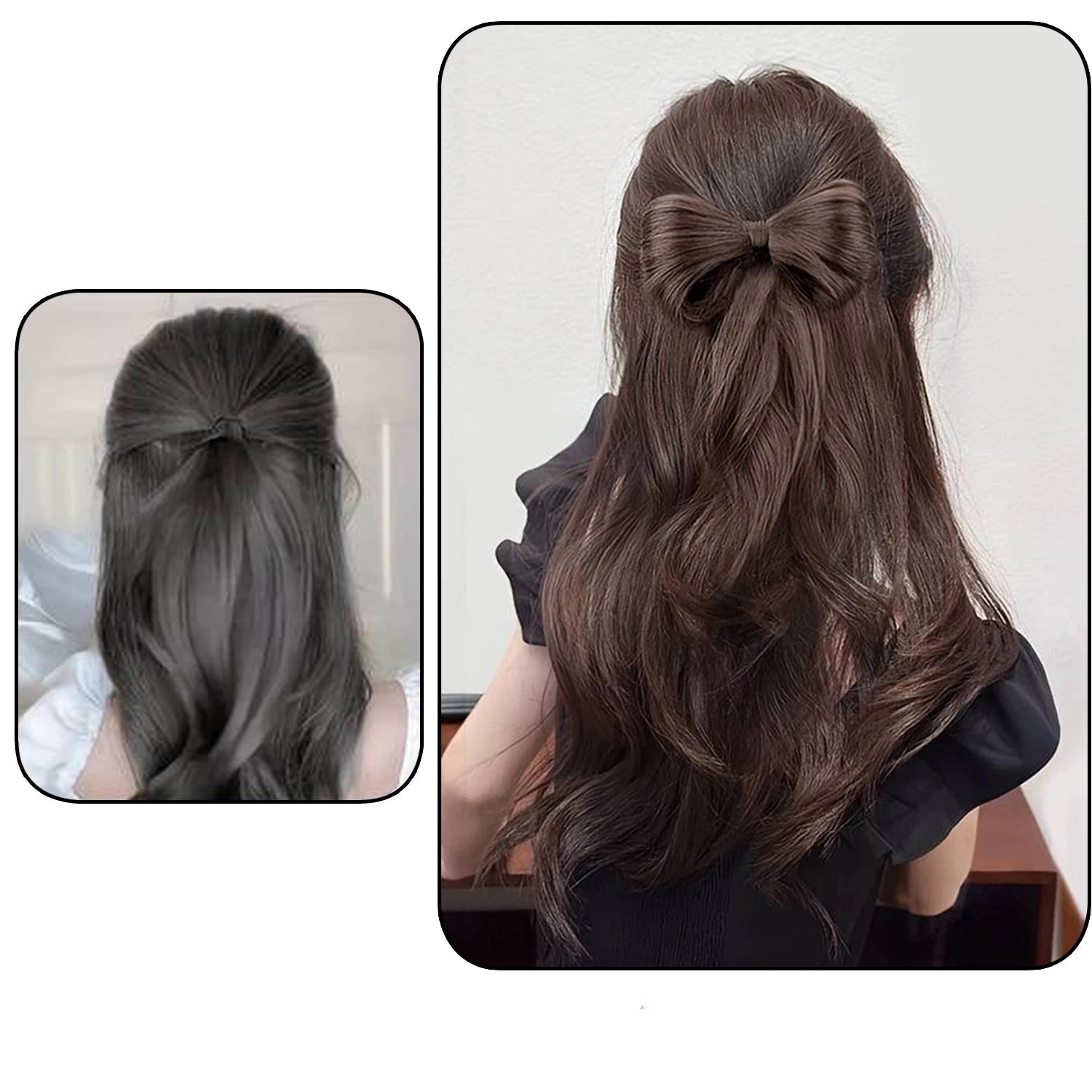 cheveux avant après,  avec barrette extension de cheveux avec nœud papillon, accessoire élégant et original pour ajouter du volume et de la texture à vos cheveux, idéal pour un look sophistiqué
