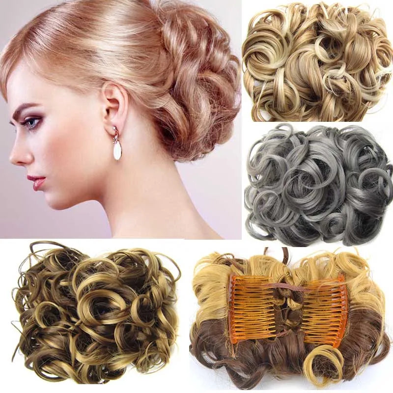 Belle femme portant une extension de cheveux chignon postiche bouclé, idéal pour ajouter du volume et de la texture à vos coiffures. Ce chignon est fabriqué à partir de cheveux synthétiques ou humains, offrant des boucles naturelles et élégantes. Facile à installer en quelques secondes, il vous permet de créer un look chic et sophistiqué pour toutes les occasions, que ce soit pour un événement spécial ou une soirée. 