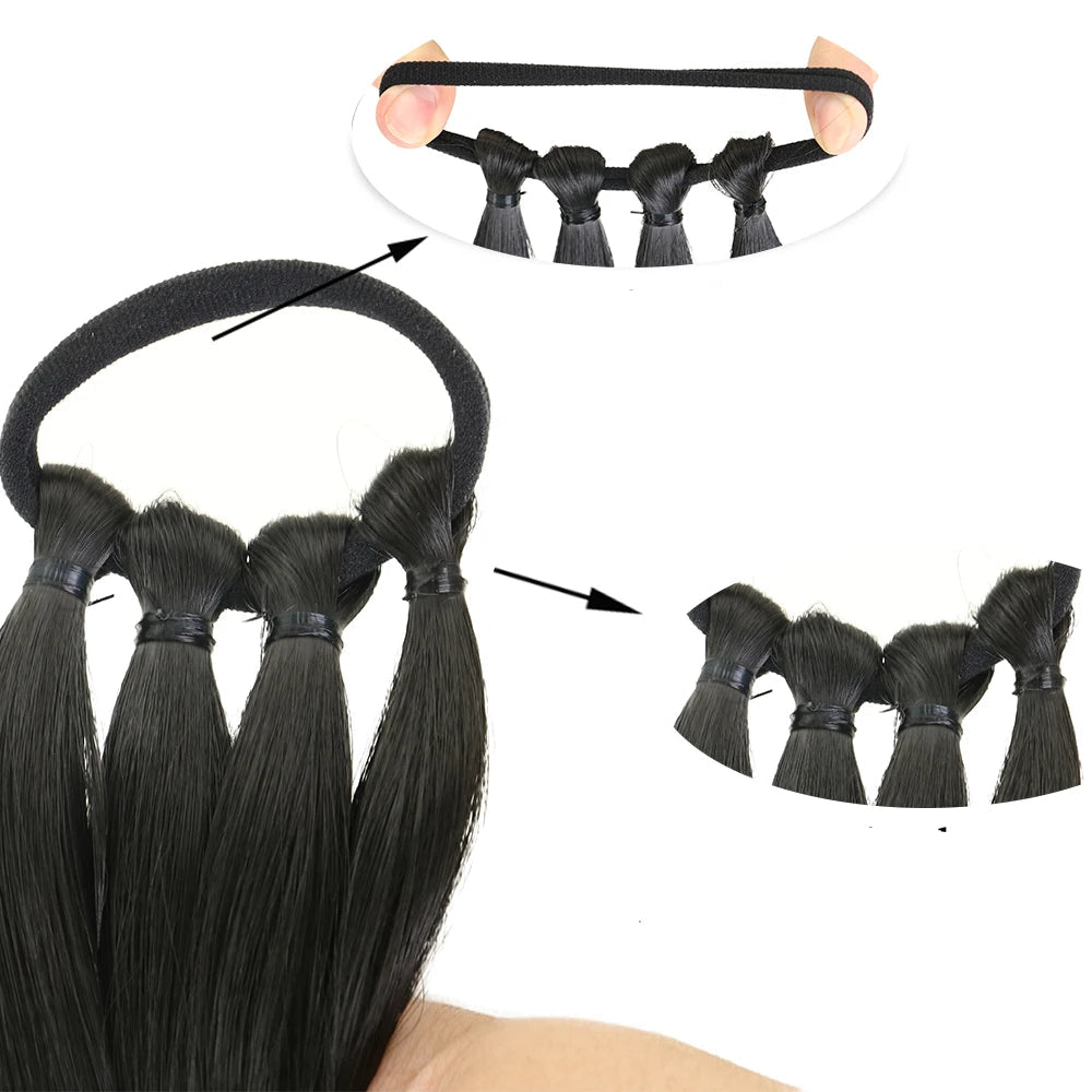 zoom sur élasticité de l'Extension de cheveux avec élastique intégré, permettant un ajout rapide et naturel de longueur ou de volume à la coiffure.