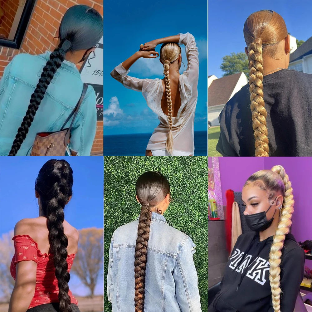 6 femmes différentes portant l' Extension de cheveux avec élastique intégré, permettant un ajout rapide et naturel de longueur ou de volume à la coiffure.
