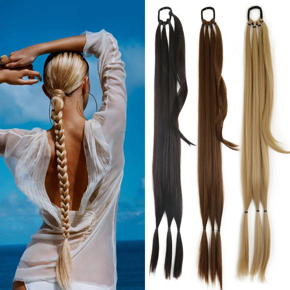 Femme blonde portant extension queue de cheval tressée a la plage