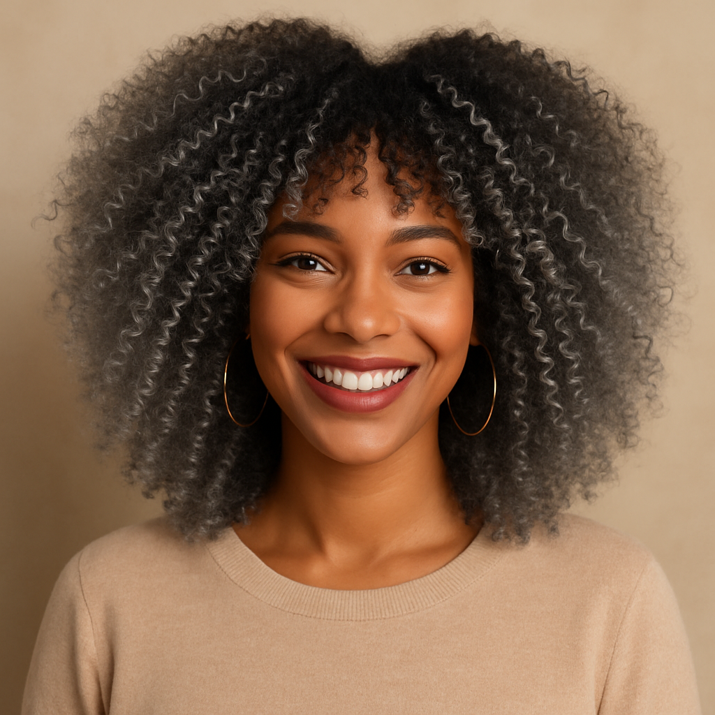 Metisse portant perruque afro poivre et sel, grise, en cheveux synthétiques, parfaite pour un volume maximal et un look audacieux ,  idéale pour un style moderne et facile à entretenir.