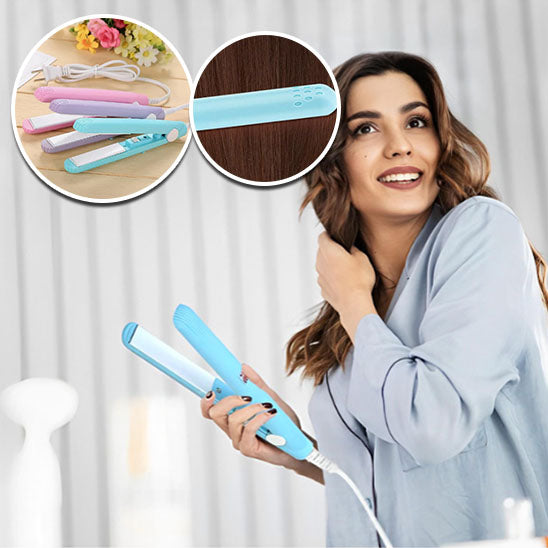 Fille coiffant ses cheveux avec un fer à lisser de voyage, pratique et efficace pour un lissage parfait même en déplacement professionnel ou personnel.