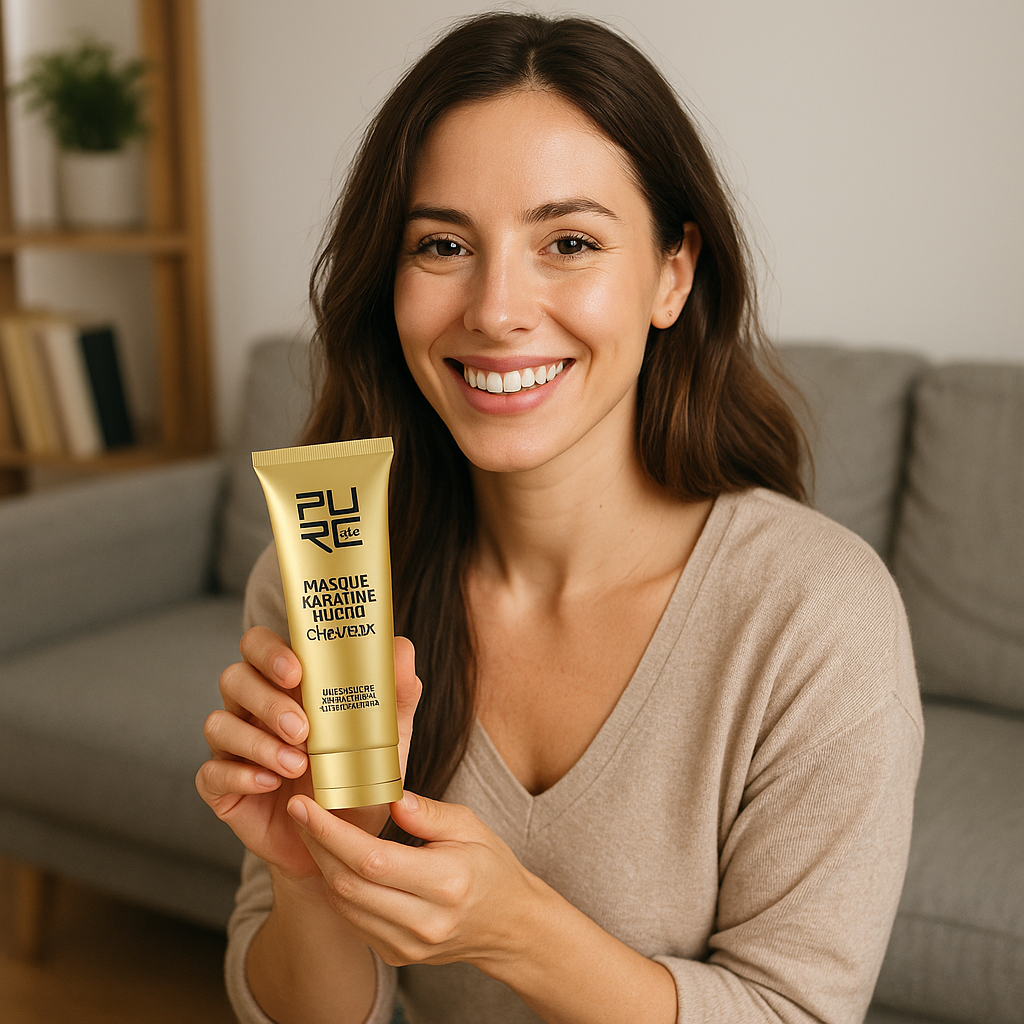 Femme souriante tenant un masque kératine doré, assise dans un salon cosy. Soins capillaires à domicile.