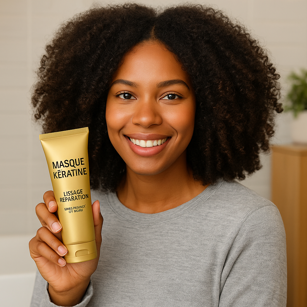 Femme aux cheveux afro tenant un masque capillaire kératine. Soin lissant et réparateur cheveux crépus.