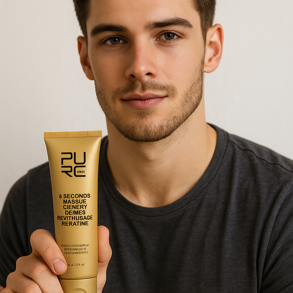 Jeune homme avec barbe légère tenant un masque kératine. Produit capillaire pour cheveux masculins.