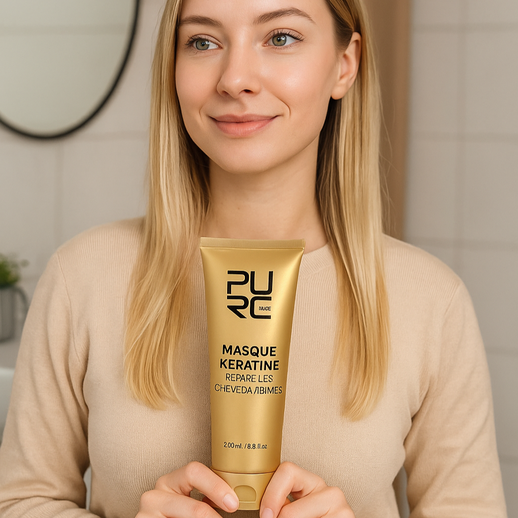 Portrait carré d’une femme blonde en salle de bain, présentant un masque à la kératine pour cheveux.