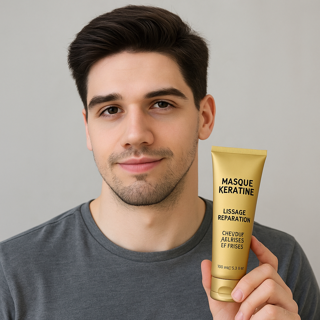Homme brun souriant tenant un masque kératine lissant, en intérieur. Soin cheveux pour homme.
