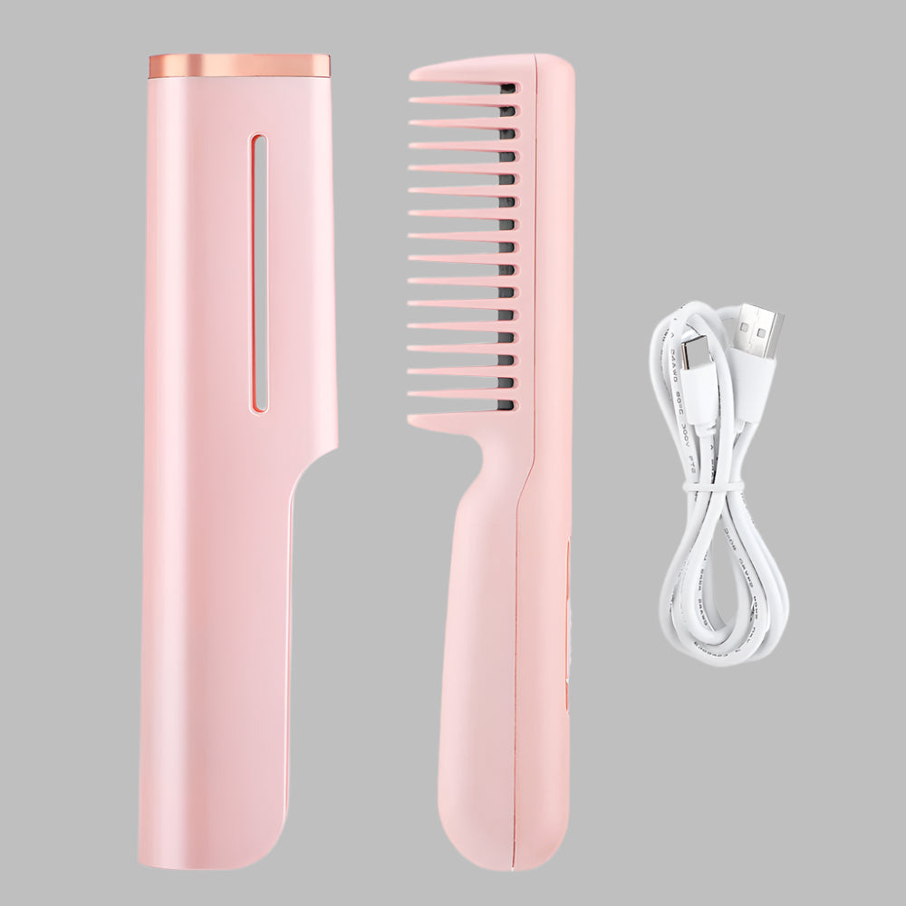 Peigne lissant 2 en 1 portable rose– Rechargeable-Brosse chauffante sans fil pour cheveux
