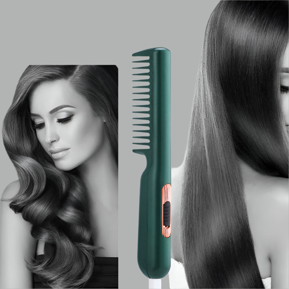 belle femme avec peigne lissant 2 en 1 portable vert – Brosse chauffante sans fil pour cheveux.