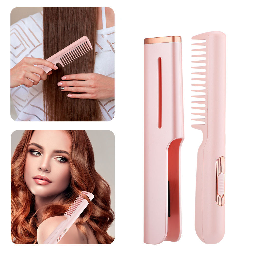 Belle femme avec avant après passage du Peigne lissant 2 en 1 portable – Brosse chauffante sans fil pour cheveux et barbe-Rose