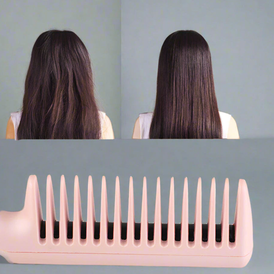 Chevelure avant après passage du Peigne lissant rose 2 en 1 portable – Brosse chauffante sans fil pour cheveux et barbe