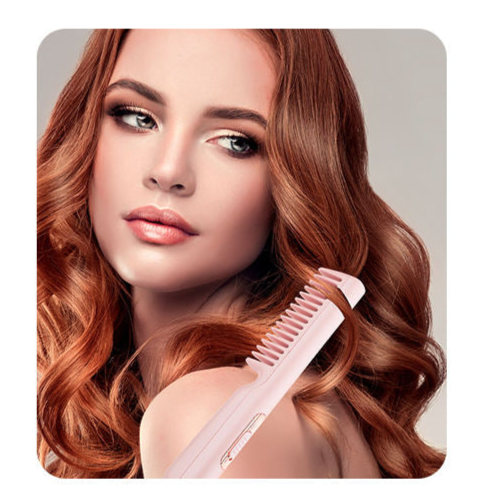 Femme avec Peigne lissant 2 en 1 portable – Brosse chauffante sans fil pour cheveux et barbe-Rose