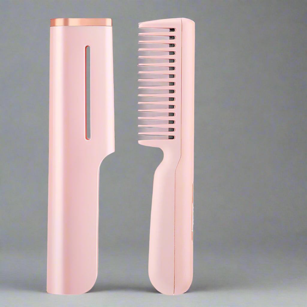 Peigne lissant 2 en 1 portable rose et or – Brosse chauffante sans fil pour cheveux et barbe