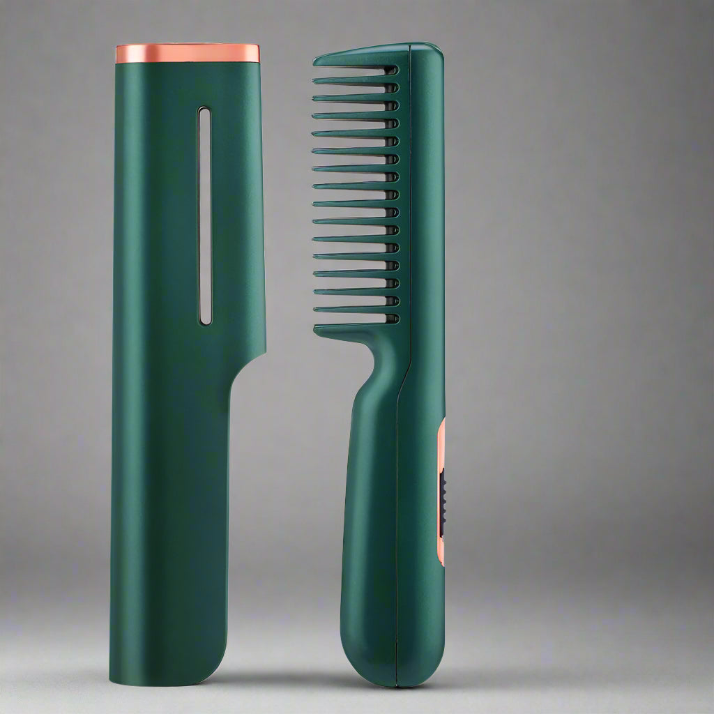 Peigne lissant 2 en 1 portable vert et or– Brosse chauffante sans fil pour cheveux et barbe