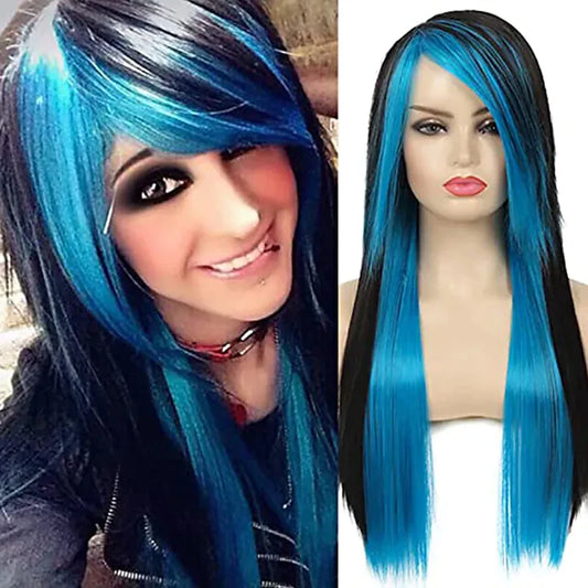 Perruque aux cheveux longs, lisses et de couleur bleue, posée sur un support ou mannequin