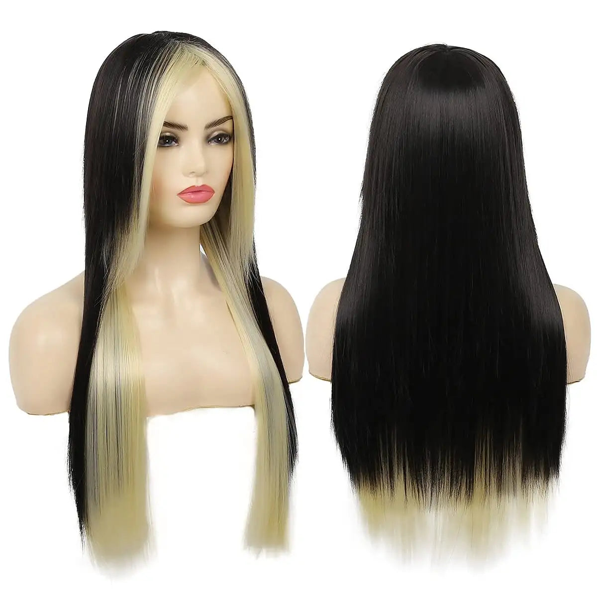 Perruque aux cheveux longs, lisses et de couleur blond et noir, présentée sur un support ou un mannequin