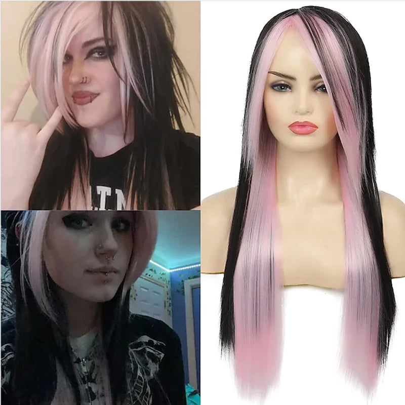 Perruque aux cheveux longs, lisses et de couleur rose clair, présentée sur un support ou un mannequin