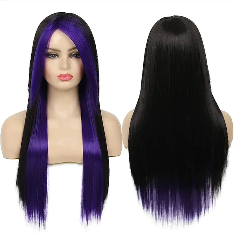 Perruque aux cheveux longs, lisses et de couleur violet, présentée sur un support ou un mannequin