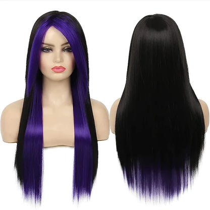Perruque aux cheveux longs, lisses et de couleur violet, présentée sur un support ou un mannequin
