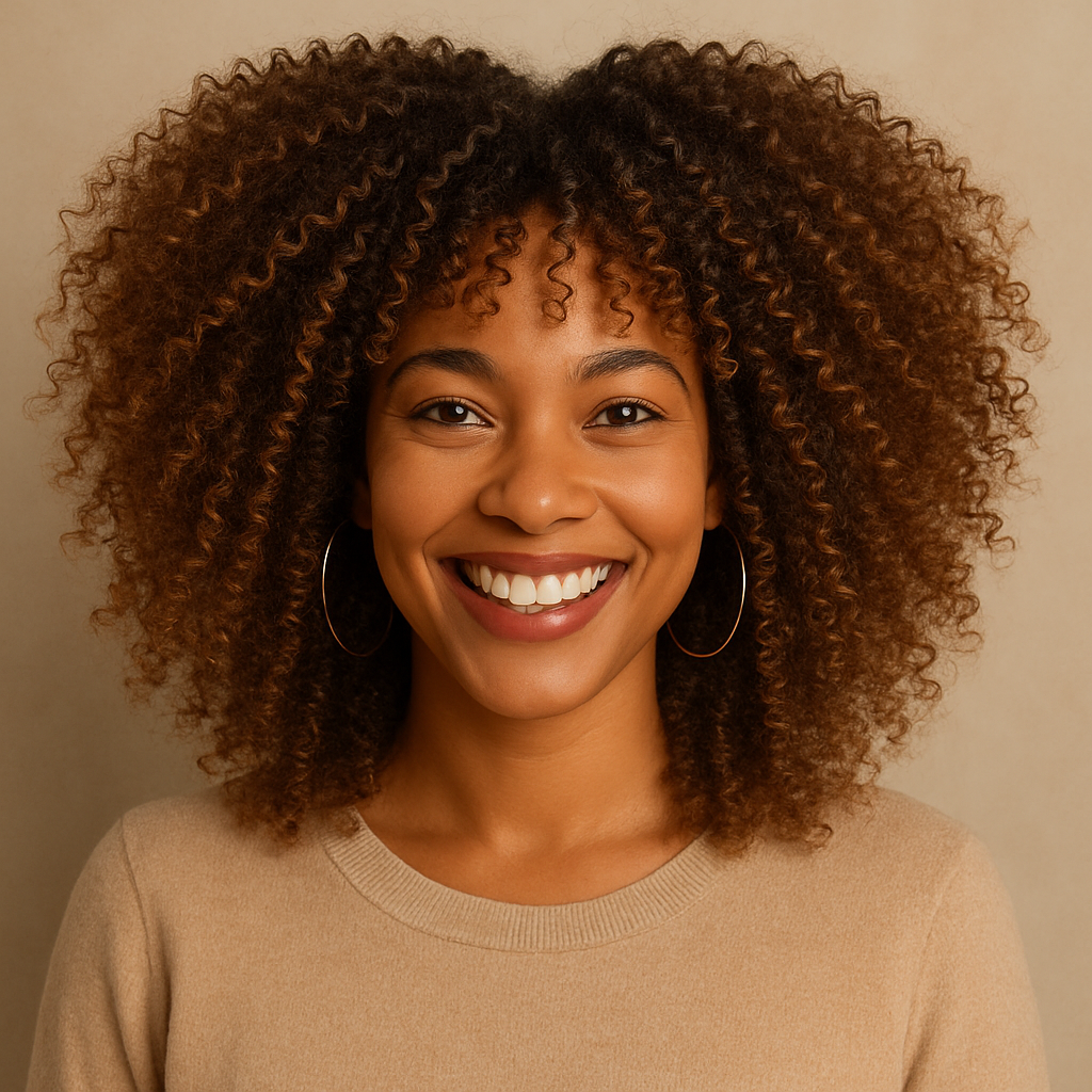 Metisse portant Perruque chatain afro en cheveux synthétiques, parfaite pour un volume maximal et un look audacieux ,  idéale pour un style moderne et facile à entretenir.